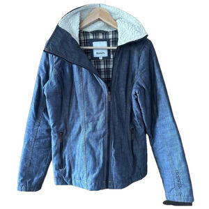 Bench Jacket with Faux Sherpa Collar Full Zip Jacket Denim Look Quilted - Small